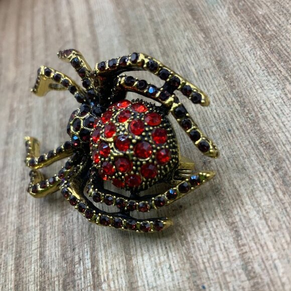 Spider Insect Black Red Rhinestone Gold Tone Brooch Pendant - Picture 7 of 8